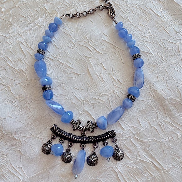 Hand Made Blue and Silver Beaded Necklace - Picture 2 of 4